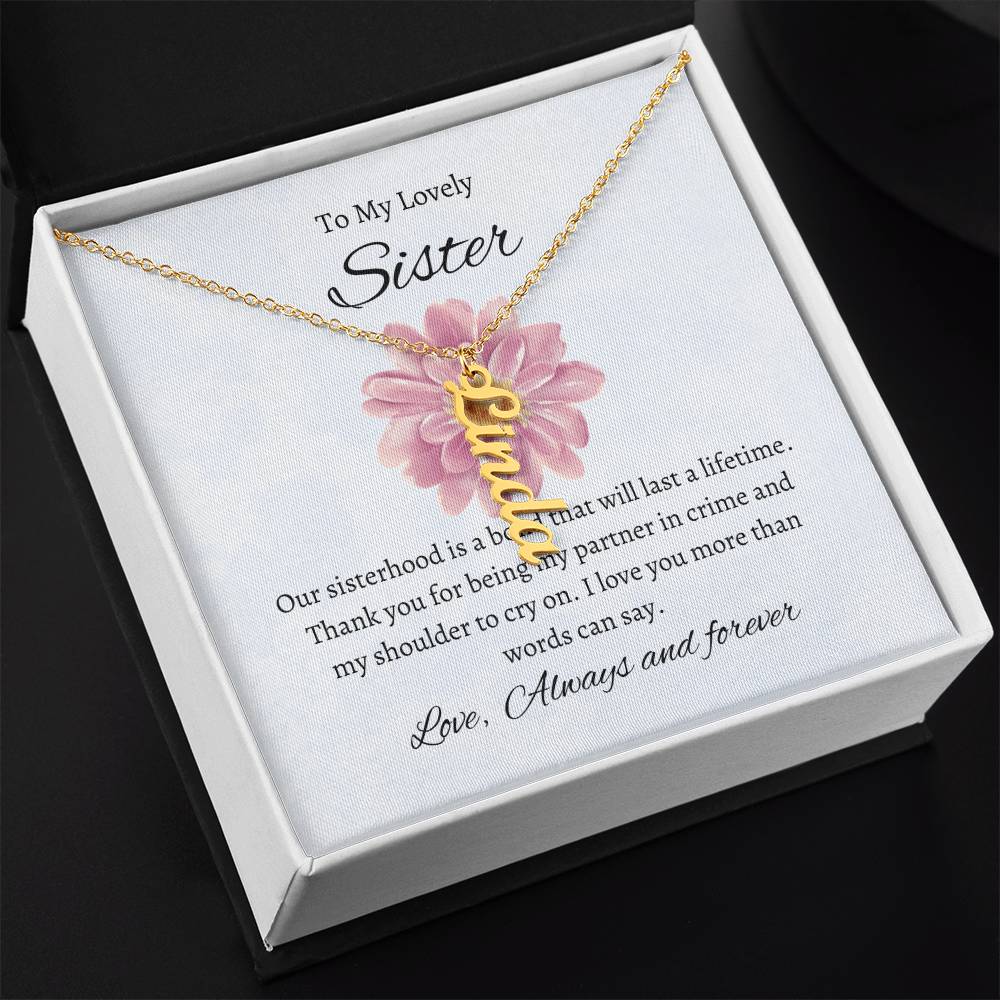 To My Lovely Sister Vertical Name Necklace with Greeting Cards | Gift for Sister | Necklace Gift for Sister