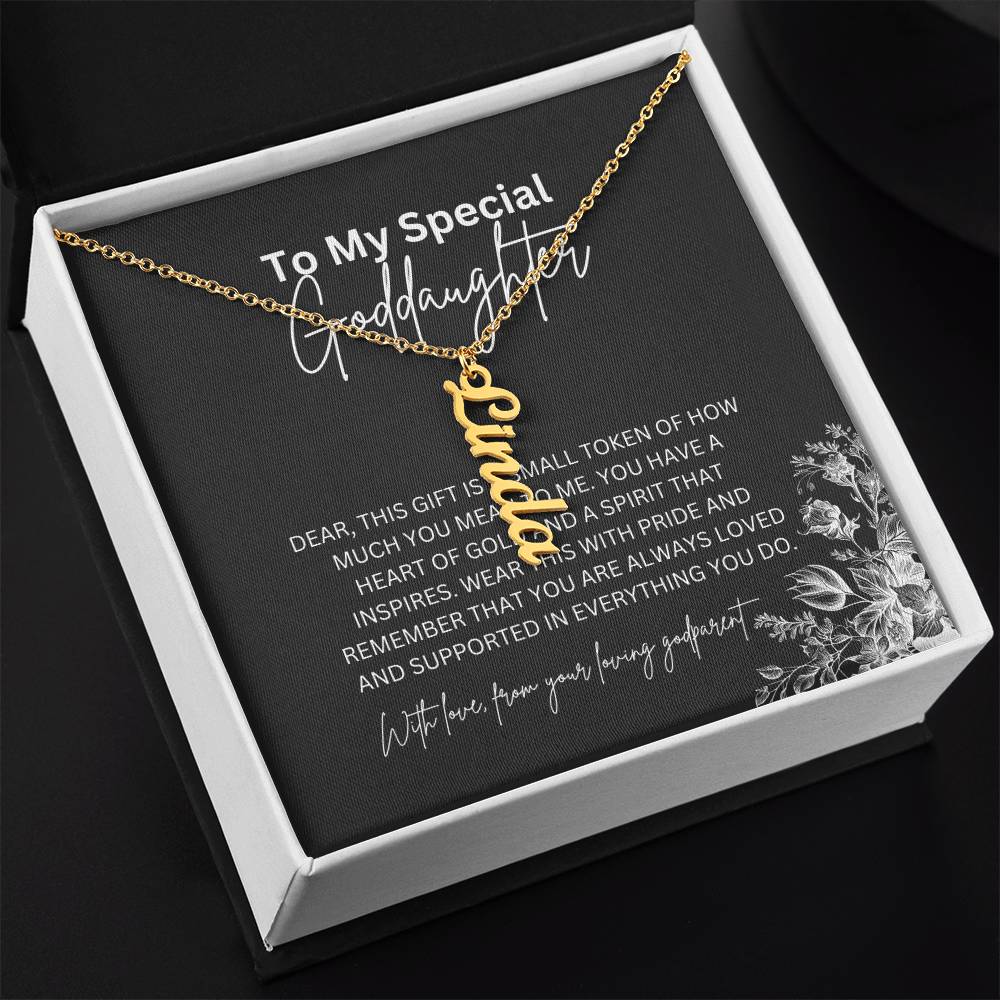 To My Special Goddaughter | Elegant Vertical Name Necklace with a Heartfelt Note