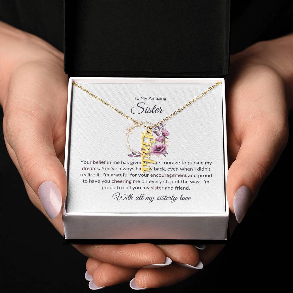 Sisterly Love Vertical Name Jewelry with Greeting Cards | Gift for Sister | Necklace Gift for Sister