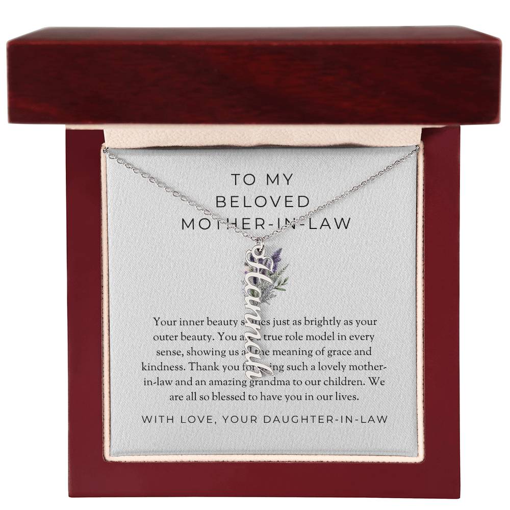 To My Beloved Mother-in-Law | Vertical-Shaped Custom Name Necklace with Heartfelt Message