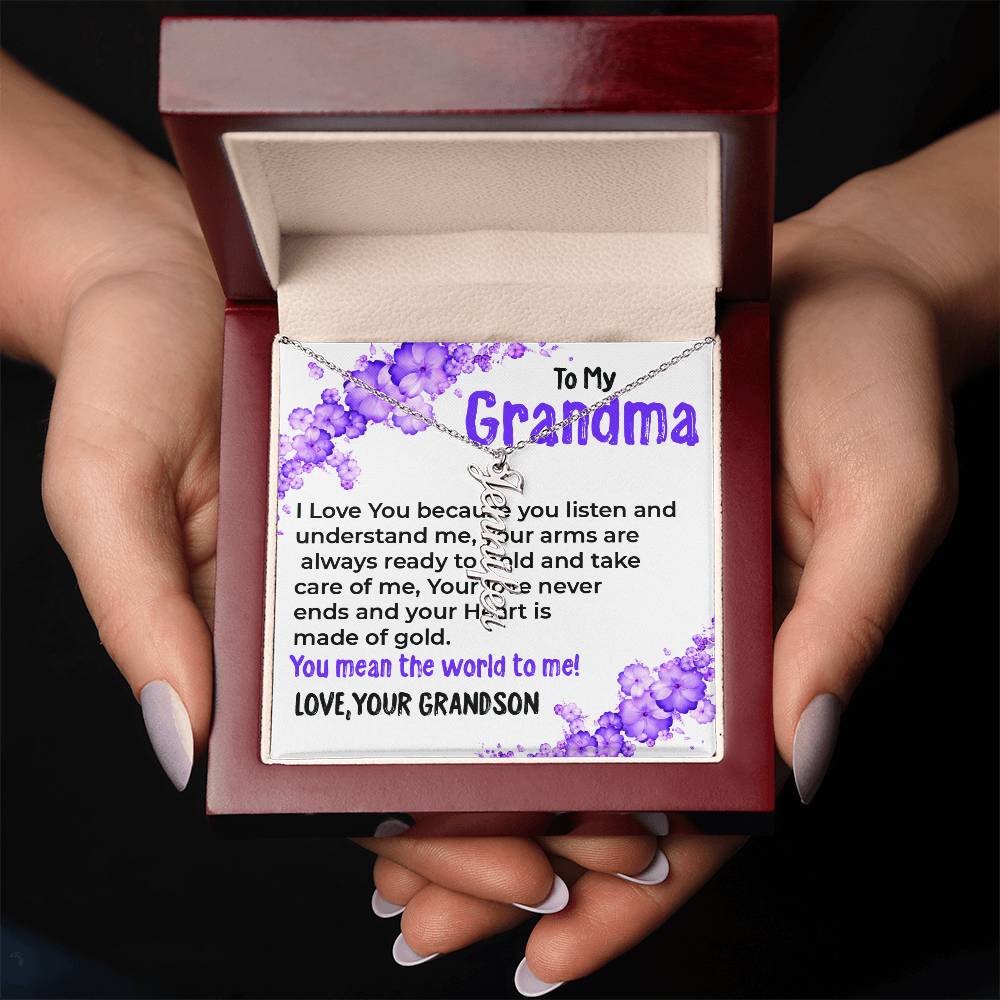 To My Grandma, My World | Vertical Name Necklace Gift from Grandson | Gift for Grandma
