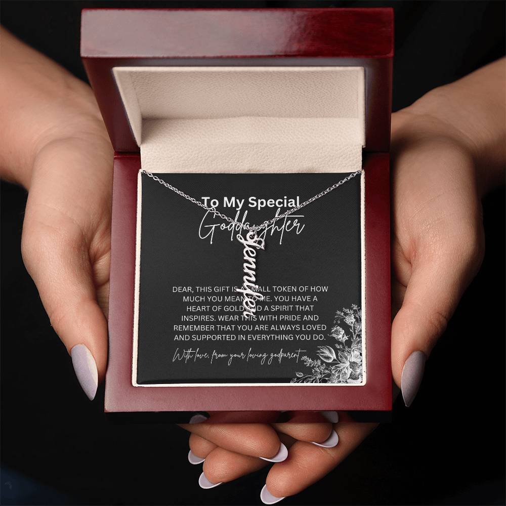 To My Special Goddaughter | Elegant Vertical Name Necklace with a Heartfelt Note