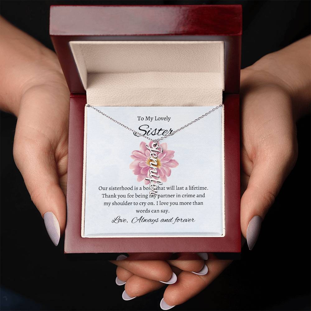 To My Lovely Sister Vertical Name Necklace with Greeting Cards | Gift for Sister | Necklace Gift for Sister