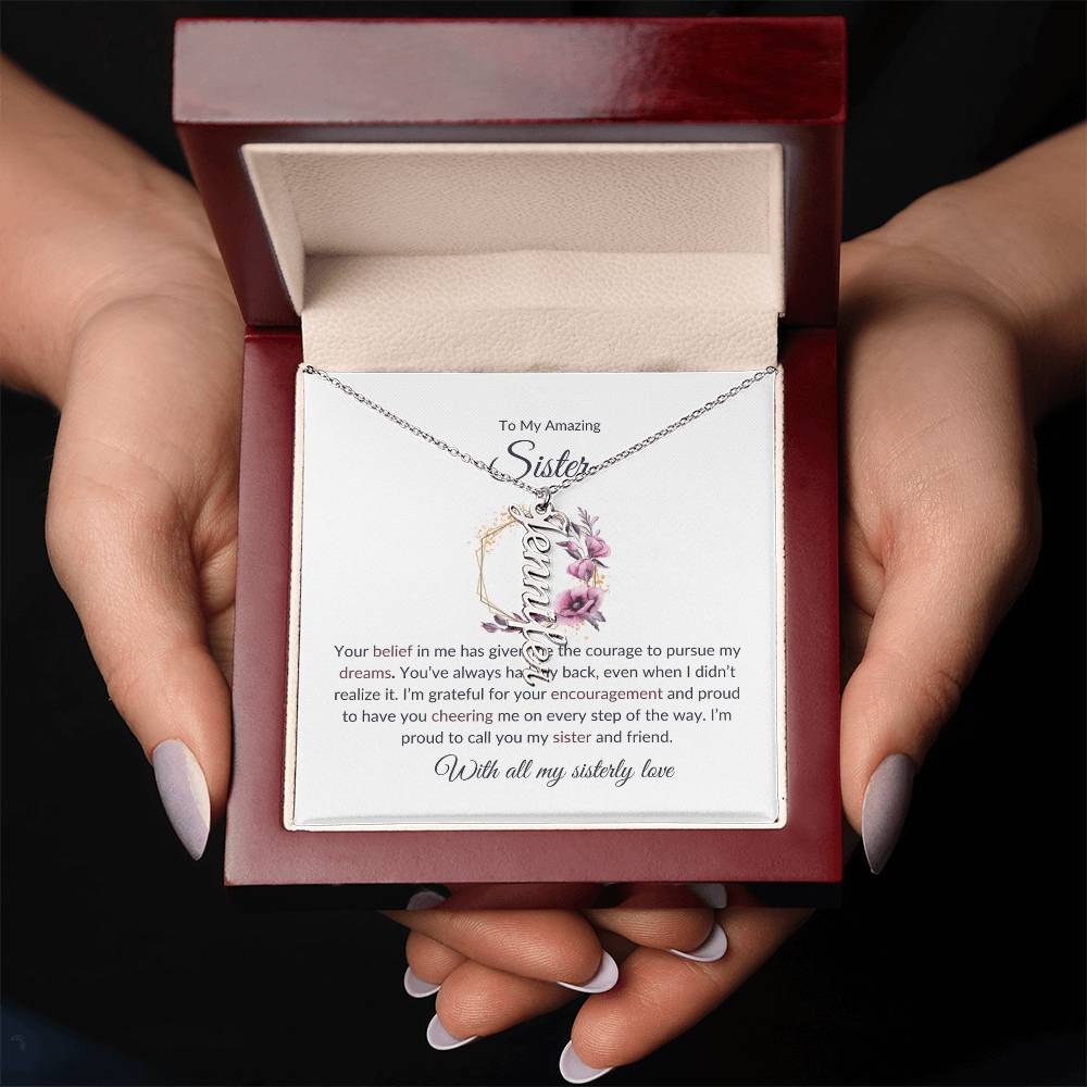 Sisterly Love Vertical Name Jewelry with Greeting Cards | Gift for Sister | Necklace Gift for Sister