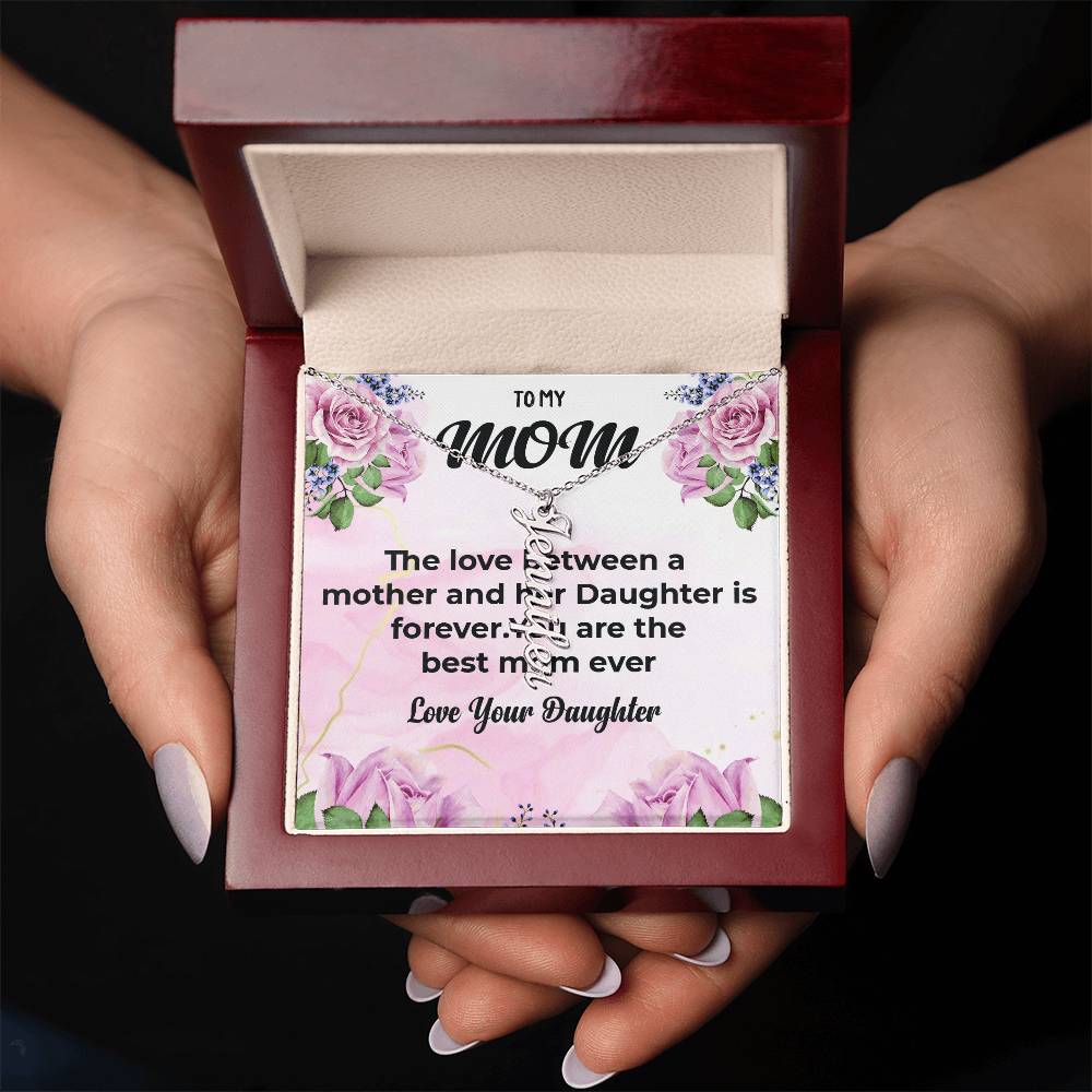 To My Cherished Mom | Vertical Style Name Necklace With Heartfelt Message