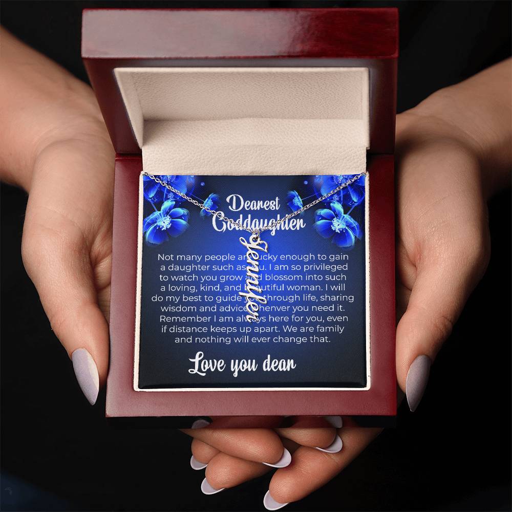 To My Dearest Goddaughter | Vertical Name Necklace with a Special Message Card