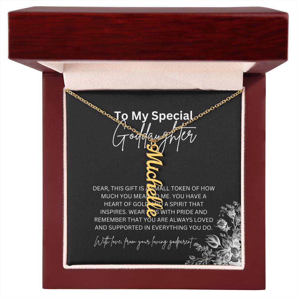To My Special Goddaughter | Elegant Vertical Name Necklace with a Heartfelt Note