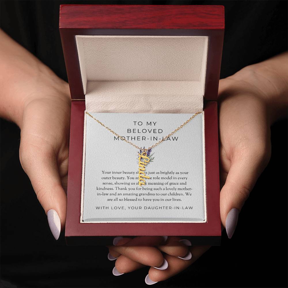 To My Beloved Mother-in-Law | Vertical-Shaped Custom Name Necklace with Heartfelt Message