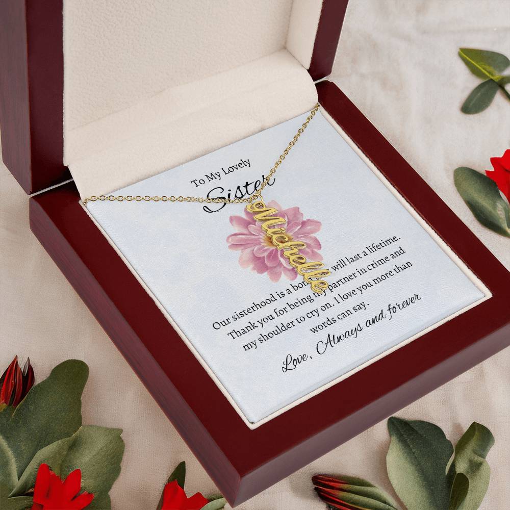 To My Lovely Sister Vertical Name Necklace with Greeting Cards | Gift for Sister | Necklace Gift for Sister