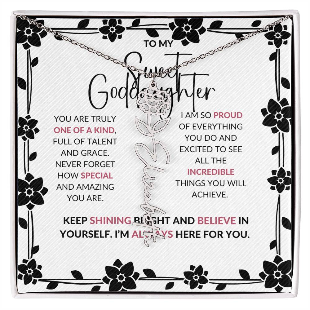To My Sweet Goddaughter | Flower Style Name Necklace with a Heartfelt Message Card