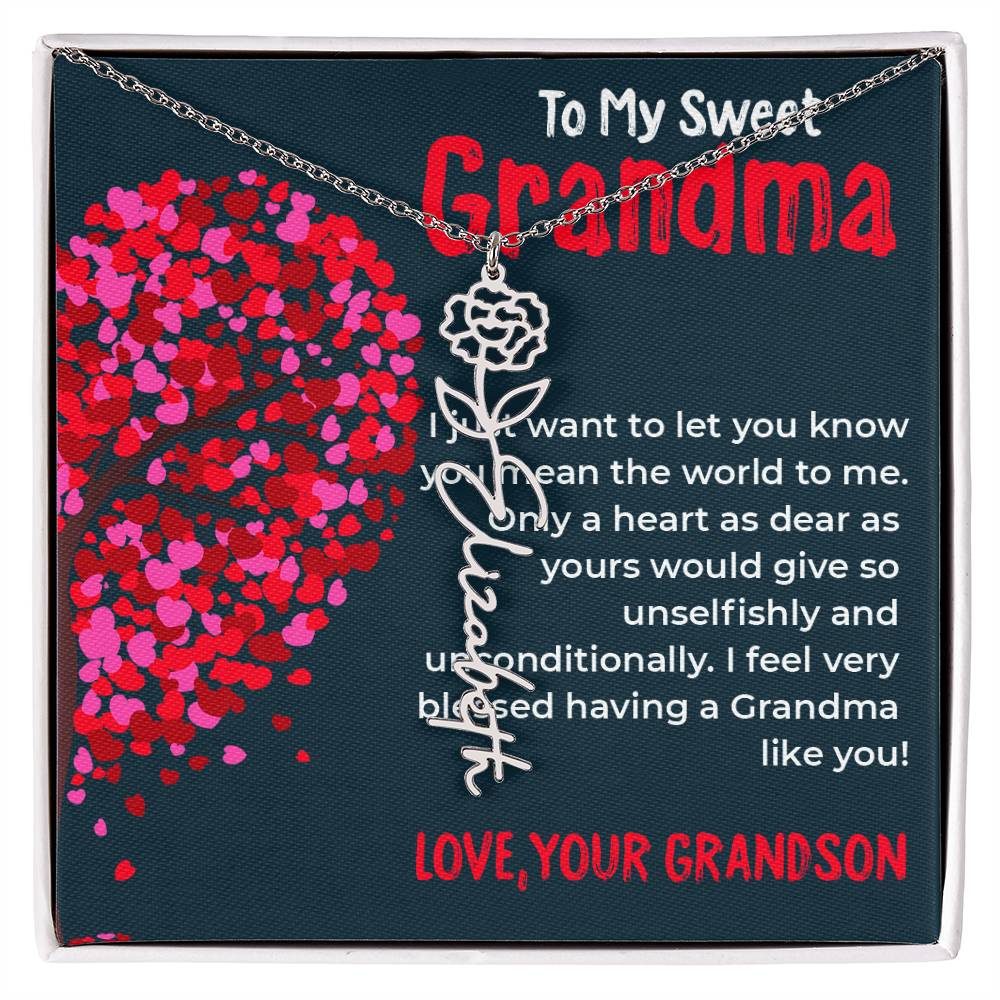To My Sweet Grandma | Timeless Flower Style Name Necklace Gift from Grandson | Gift for Grandma