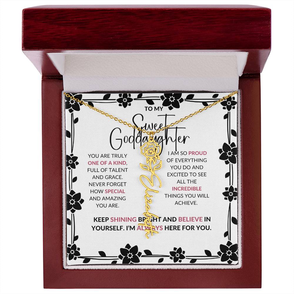 To My Sweet Goddaughter | Flower Style Name Necklace with a Heartfelt Message Card