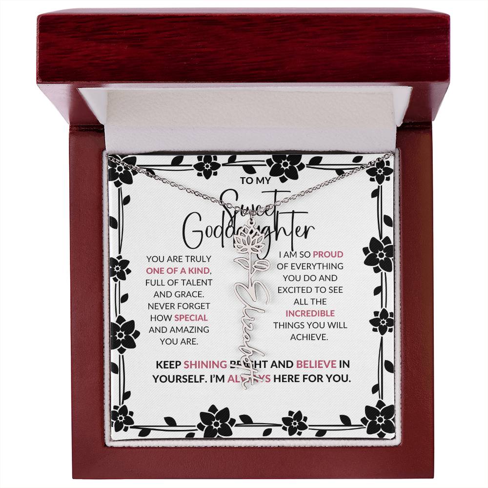 To My Sweet Goddaughter | Flower Style Name Necklace with a Heartfelt Message Card