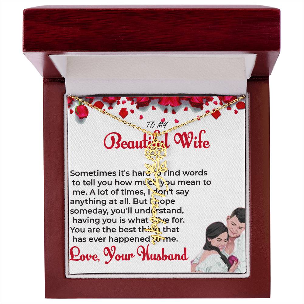 To My Beautiful Wife - Personalized Flower Name Necklace with Engraved Message