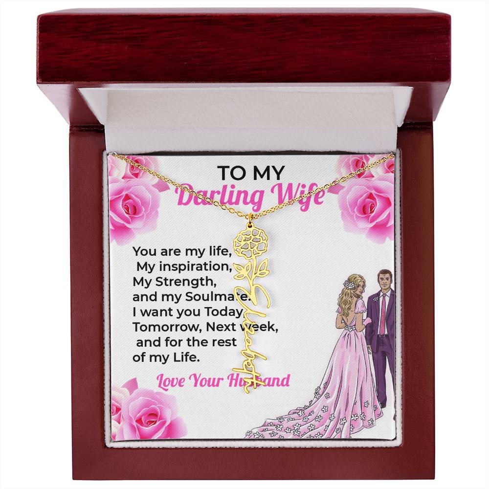 To My Darling Wife, My Life - Personalized Flower Name Necklace with Engraved Message