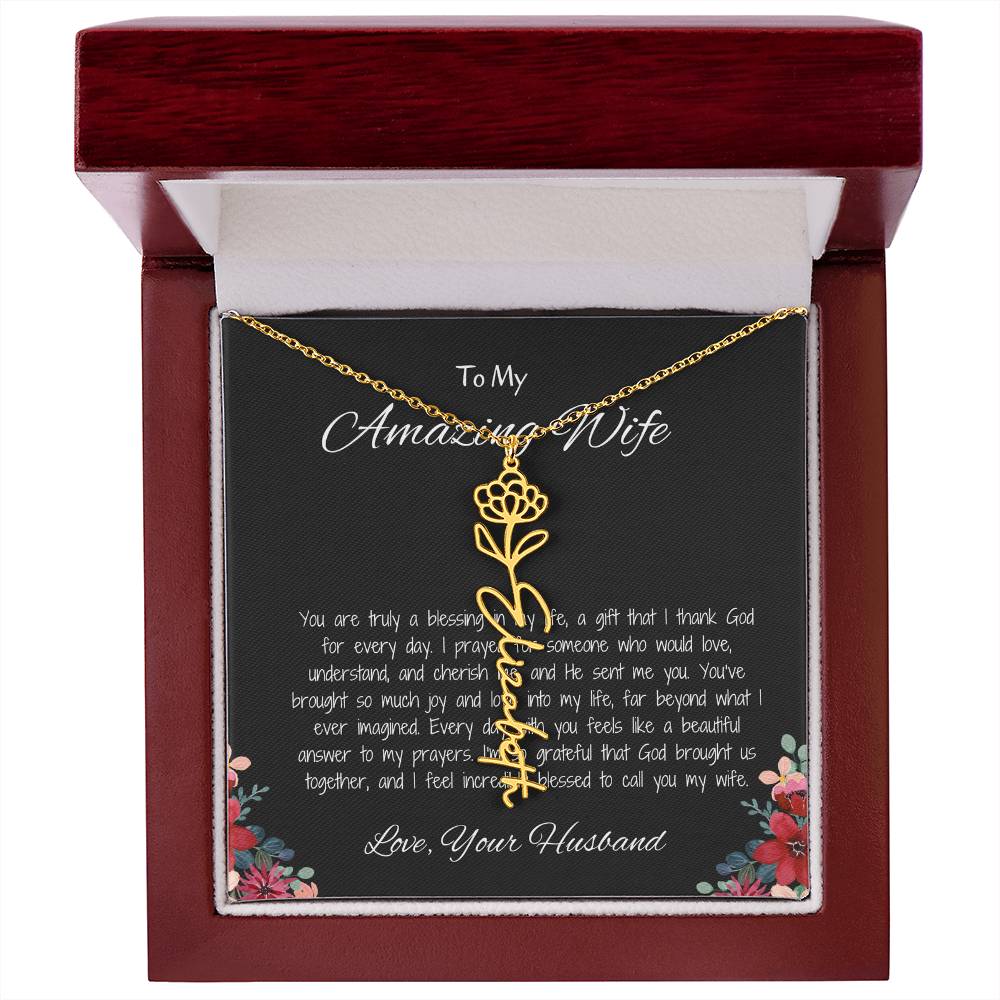 To My Amazing Wife - Custom Flower Name Necklace with Heartfelt Message