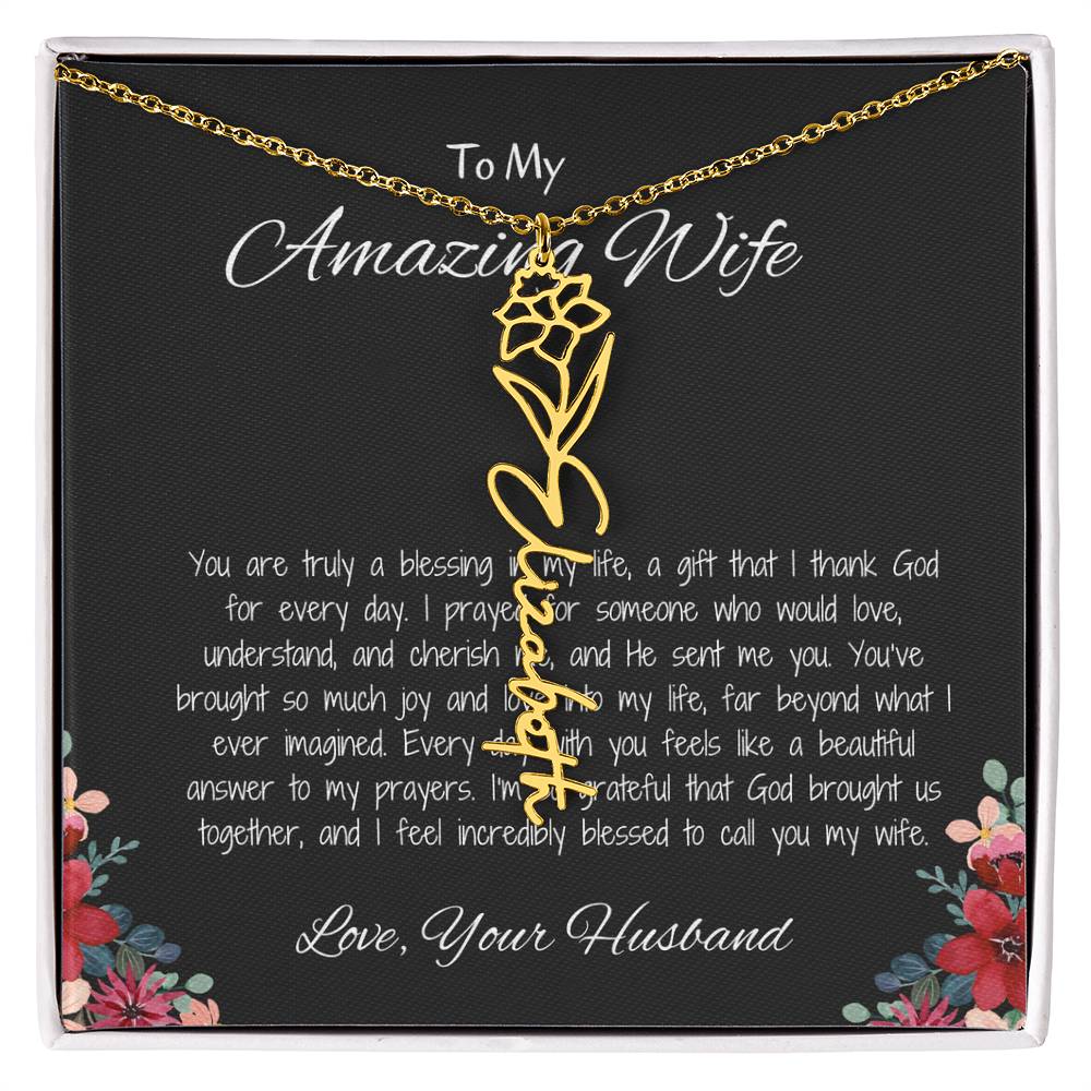 To My Amazing Wife - Custom Flower Name Necklace with Heartfelt Message