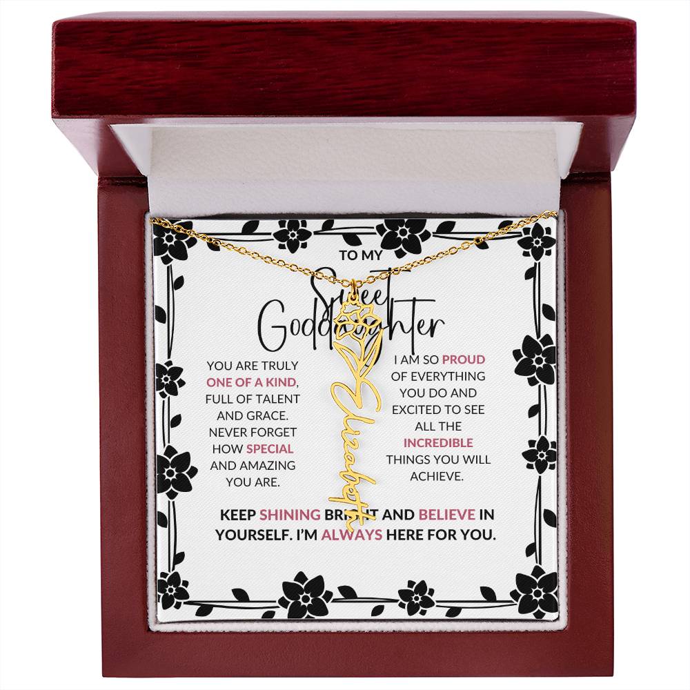 To My Sweet Goddaughter | Flower Style Name Necklace with a Heartfelt Message Card