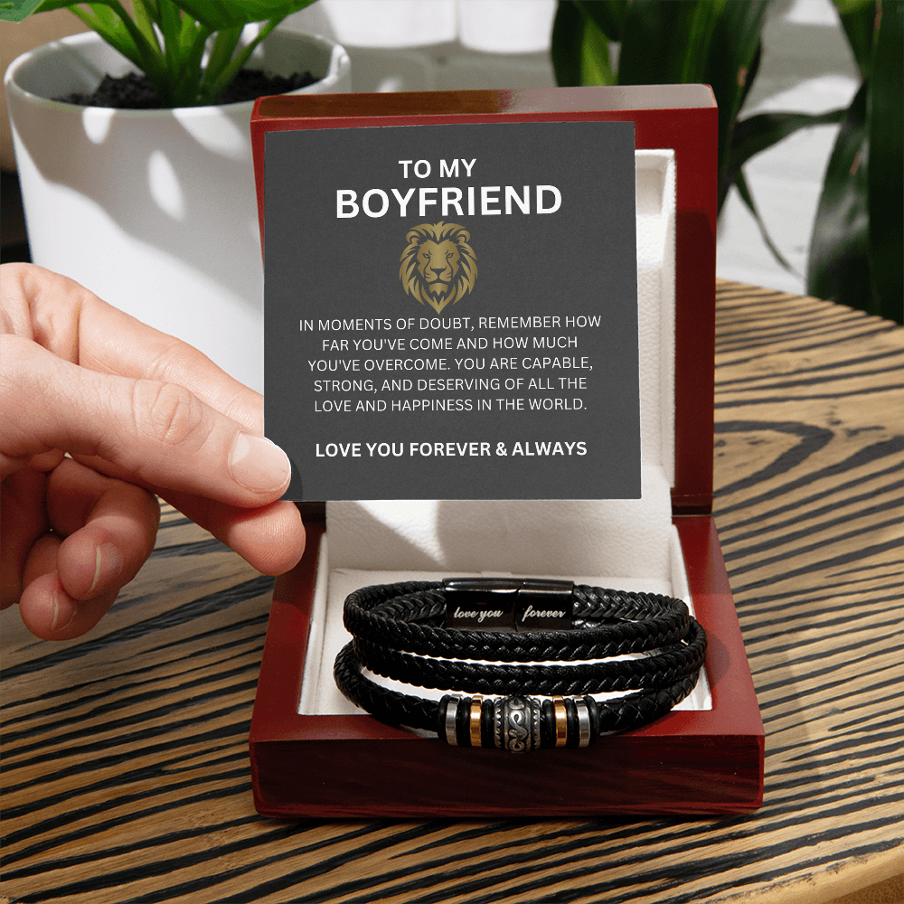 Men's Leather Bead Bracelet Gift for Boyfriend — Romantic Heartfelt Message Card Included