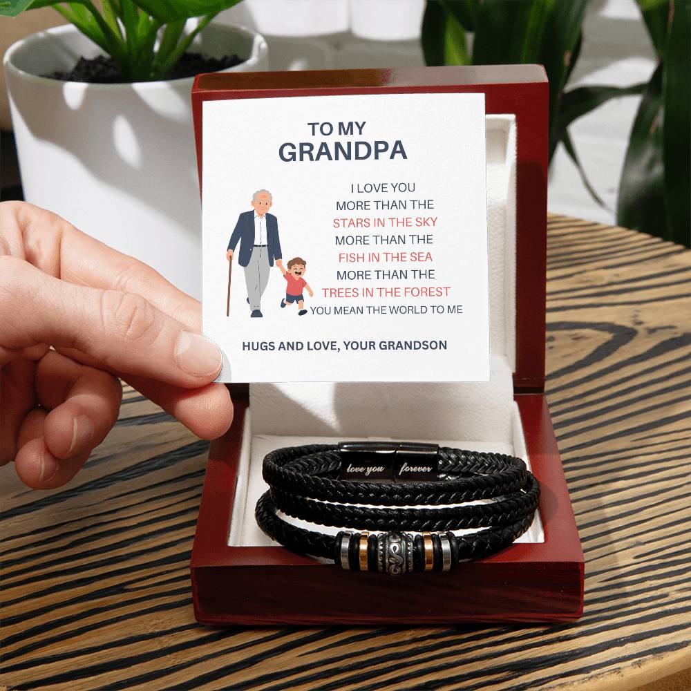 To My Dear Grandpa – Men’s Leather & Bead Bracelet Gift for Grandpa from Grandson