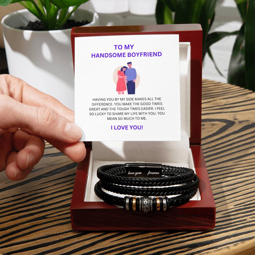 To My Handsome Boyfriend — Men’s Leather Bead Bracelet with Heartfelt Message Card