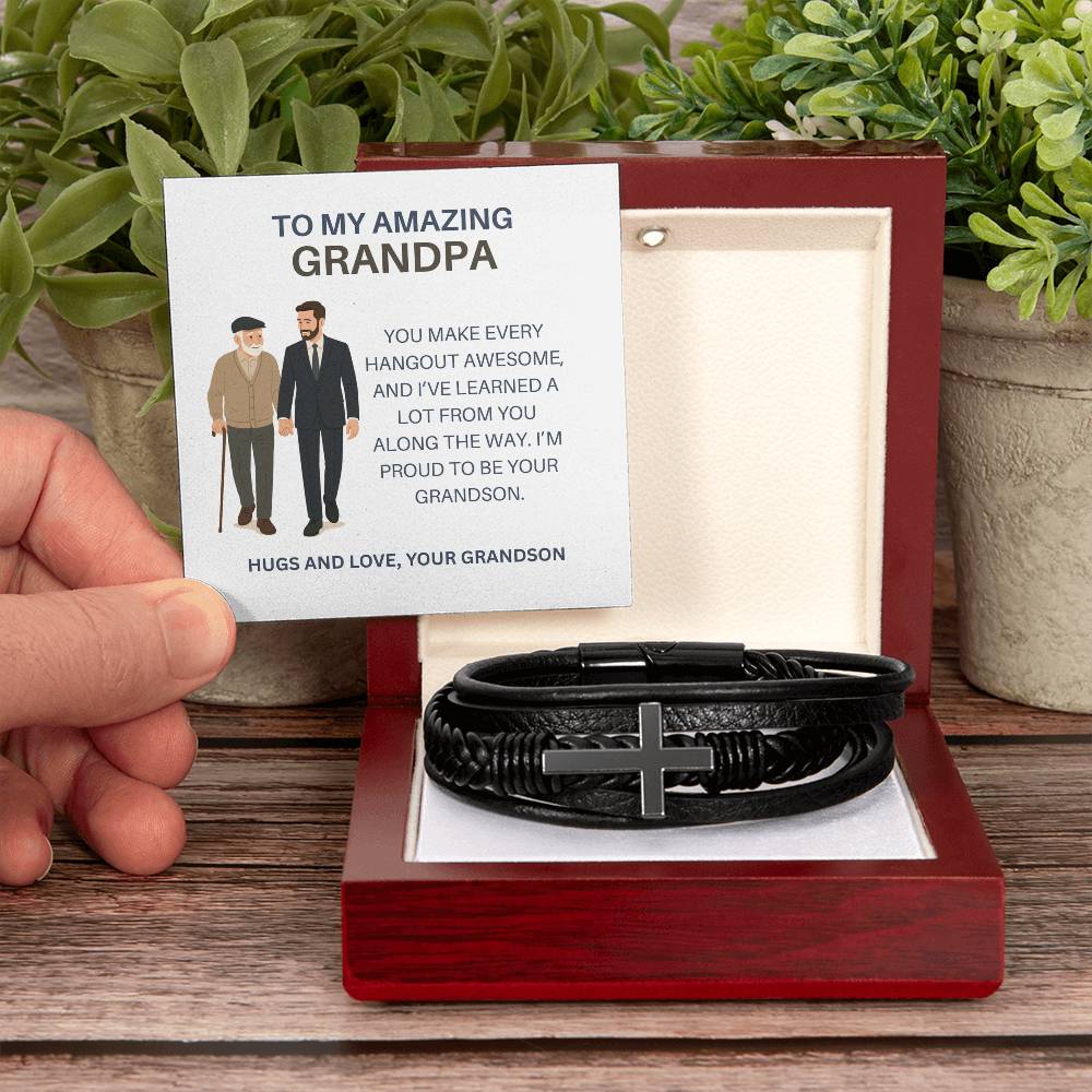 To My Grandpa – Men’s Cross Bracelet Gift for Him from Grandson, Stylish Gift for Grandpa
