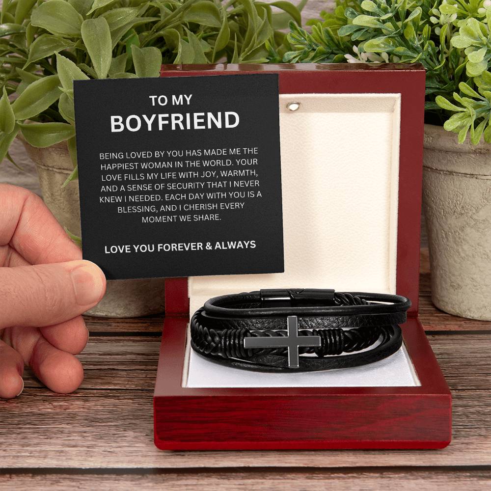 Men’s Cross Bracelet for Boyfriend with Heartfelt Message Card Gift