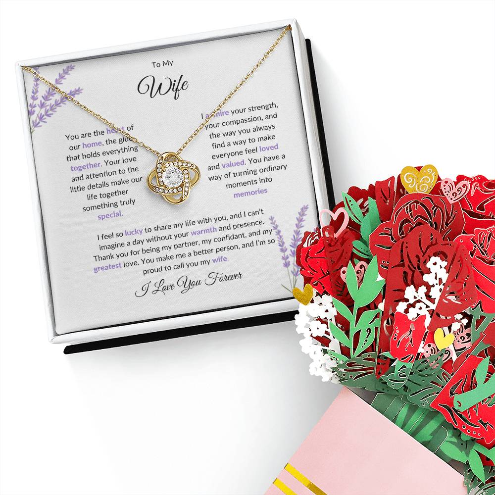 To My Wife, The Heartbeat of Our Home - Love Knot Necklace & Flower Bouquet Set