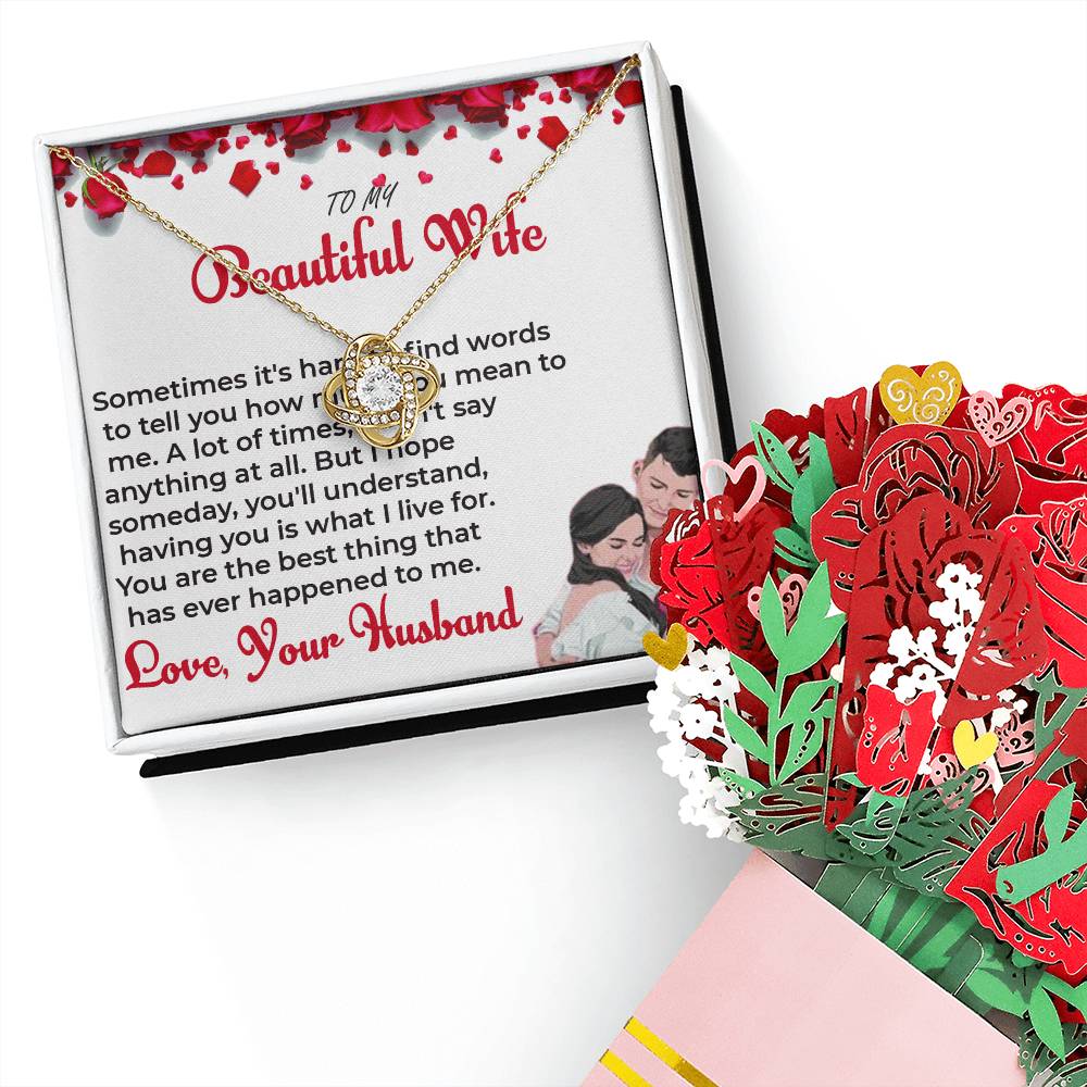 To My Beautiful Wife - Love Knot Necklace & Flower Bouquet | Necklace Pendant For Soulmate