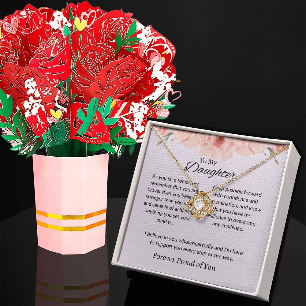 To My Daughter – Elegant Love Knot Necklace & Flower Bouquet Gift Set