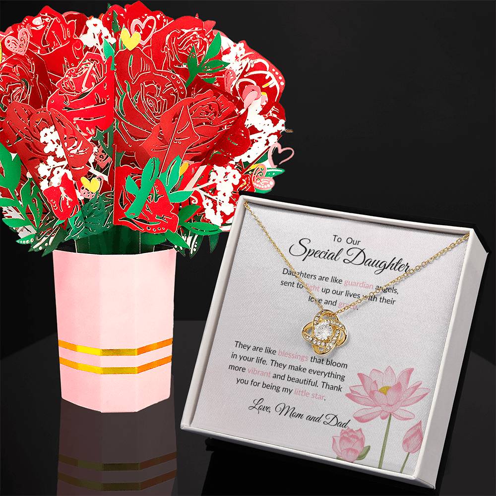 To My Special Daughter – Stunning Love Knot Necklace & Flower Bouquet Present