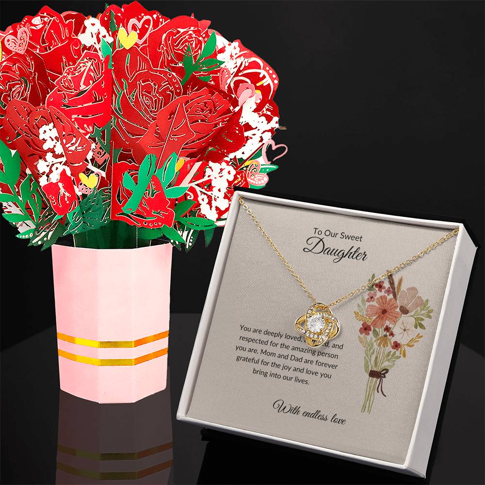 To My Sweet & Lovely Daughter – Cherished Love Knot Necklace & Flower Bouquet Bundle