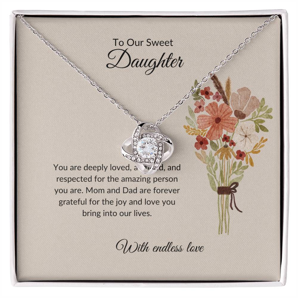 To My Sweet & Lovely Daughter – Cherished Love Knot Necklace & Flower Bouquet Bundle