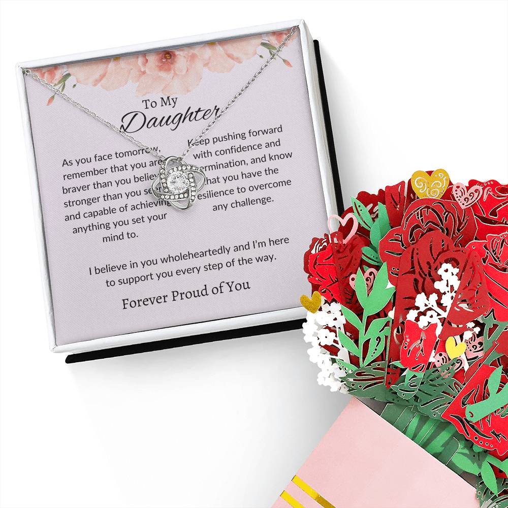 To My Daughter – Elegant Love Knot Necklace & Flower Bouquet Gift Set