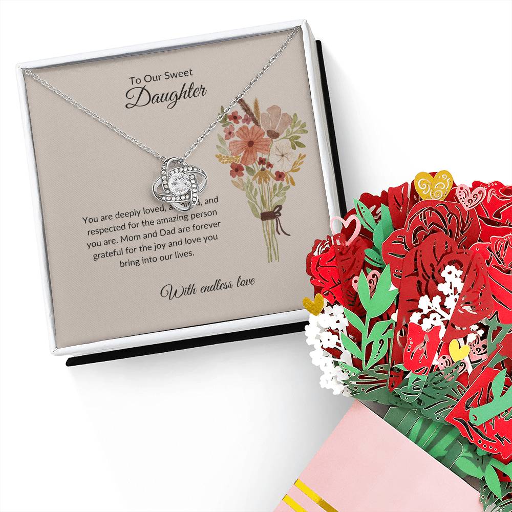 To My Sweet & Lovely Daughter – Cherished Love Knot Necklace & Flower Bouquet Bundle