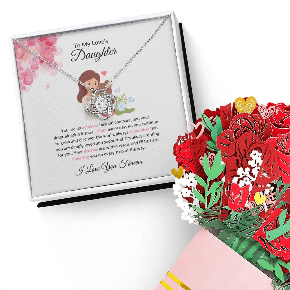 To My Sweet & Lovely Daughter – Cherished Love Knot Necklace & Flower Bouquet Bundle Gift