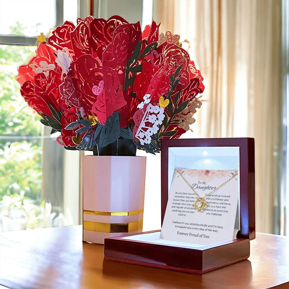 To My Daughter – Elegant Love Knot Necklace & Flower Bouquet Gift Set