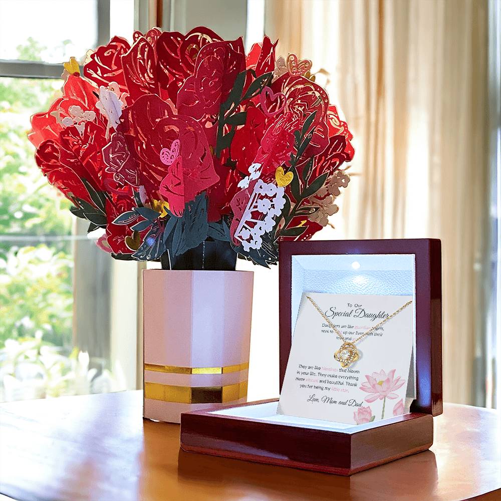 To My Special Daughter – Stunning Love Knot Necklace & Flower Bouquet Present