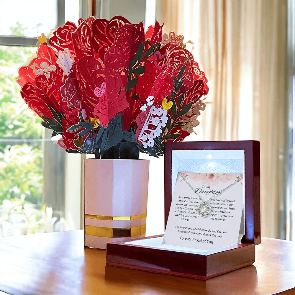 To My Daughter – Elegant Love Knot Necklace & Flower Bouquet Gift Set