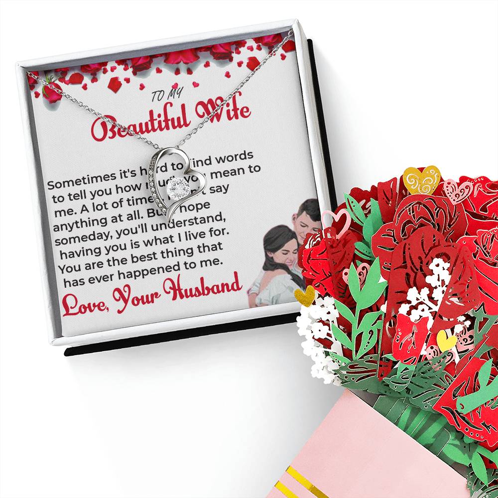 To My Beautiful Wife - Forever Love Necklace & Flower Bouquet Bundle Gift For Wife, For Soulmate
