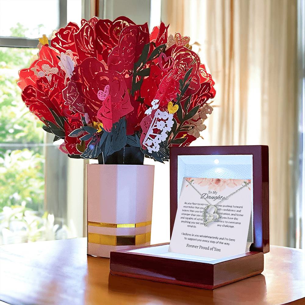 To My Daughter – Beautiful Forever Love Necklace & Lovely Flower Bouquet Gift Bundle Set