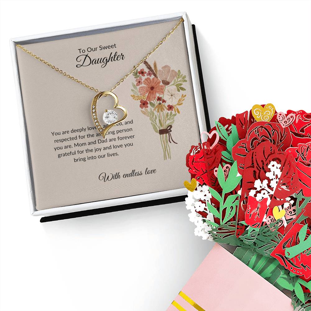To My Sweet & Lovely Daughter – Heartfelt Forever Love Necklace & Beautiful Flower Bouquet Set