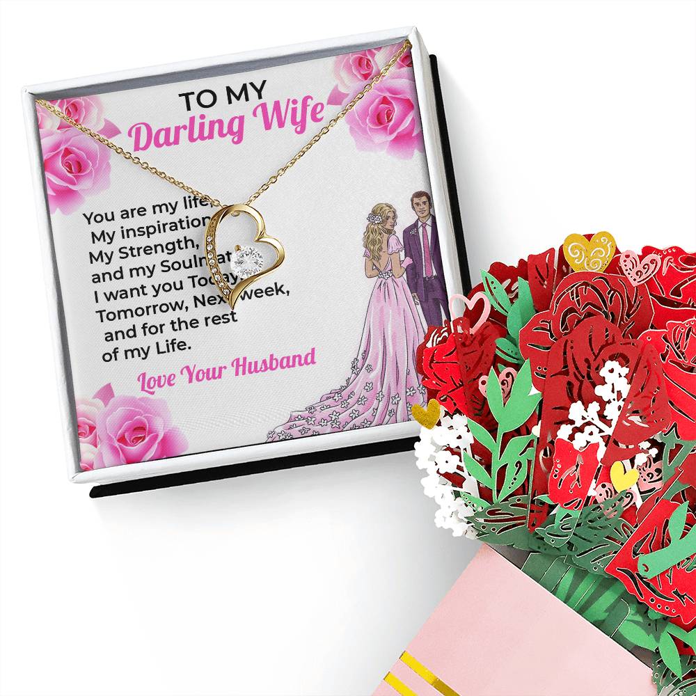 To My Darling Wife, My Life - Forever Love Necklace & Flower Bouquet Bundle Gift For Wife, For Soulmate