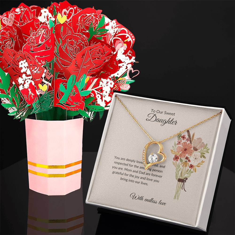 To My Sweet & Lovely Daughter – Heartfelt Forever Love Necklace & Beautiful Flower Bouquet Set
