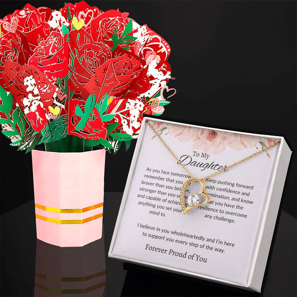 To My Daughter – Beautiful Forever Love Necklace & Lovely Flower Bouquet Gift Bundle Set