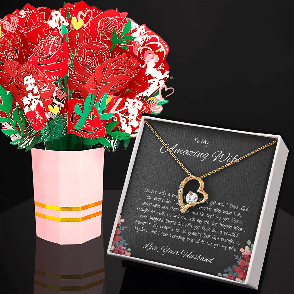 To My Amazing Wife, My Forever Love - Forever Love Necklace & Flower Bouquet Bundle For Soulmate