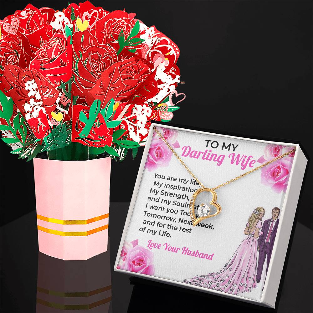 To My Darling Wife, My Life - Forever Love Necklace & Flower Bouquet Bundle Gift For Wife, For Soulmate
