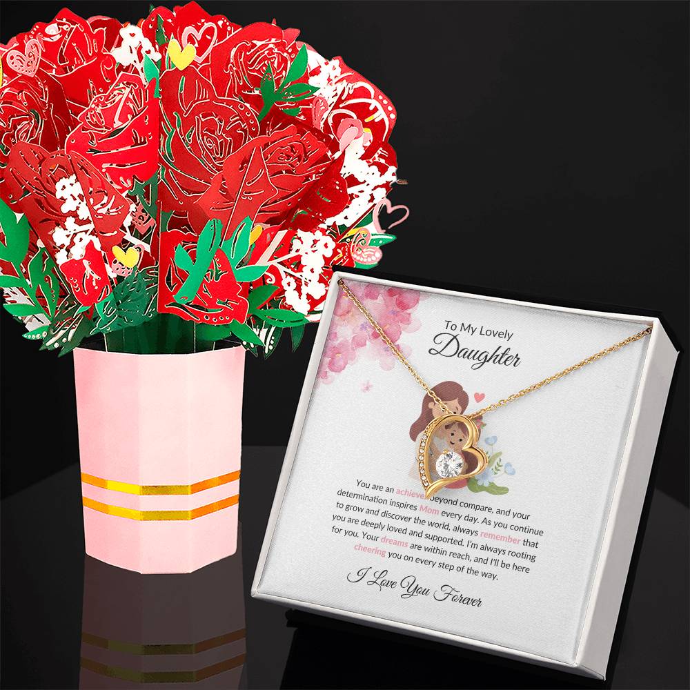 To My Lovely & Beautiful Daughter – Stunning Forever Love Necklace & Elegant Flower Bouquet Bundle