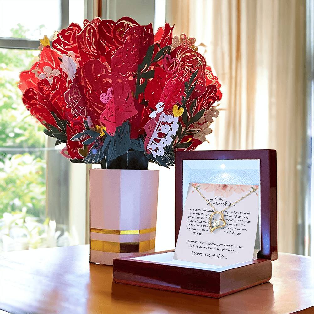 To My Daughter – Beautiful Forever Love Necklace & Lovely Flower Bouquet Gift Bundle Set