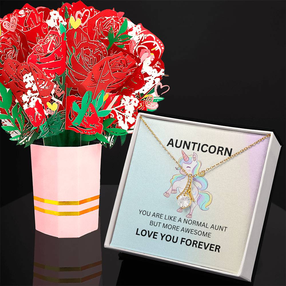 To My Aunticorn Aunt Necklace Gift Cute Unicorn Necklace and Flower Bouquet Bundle | With a Touch of Fun and Gratitude - SOUVMOUR